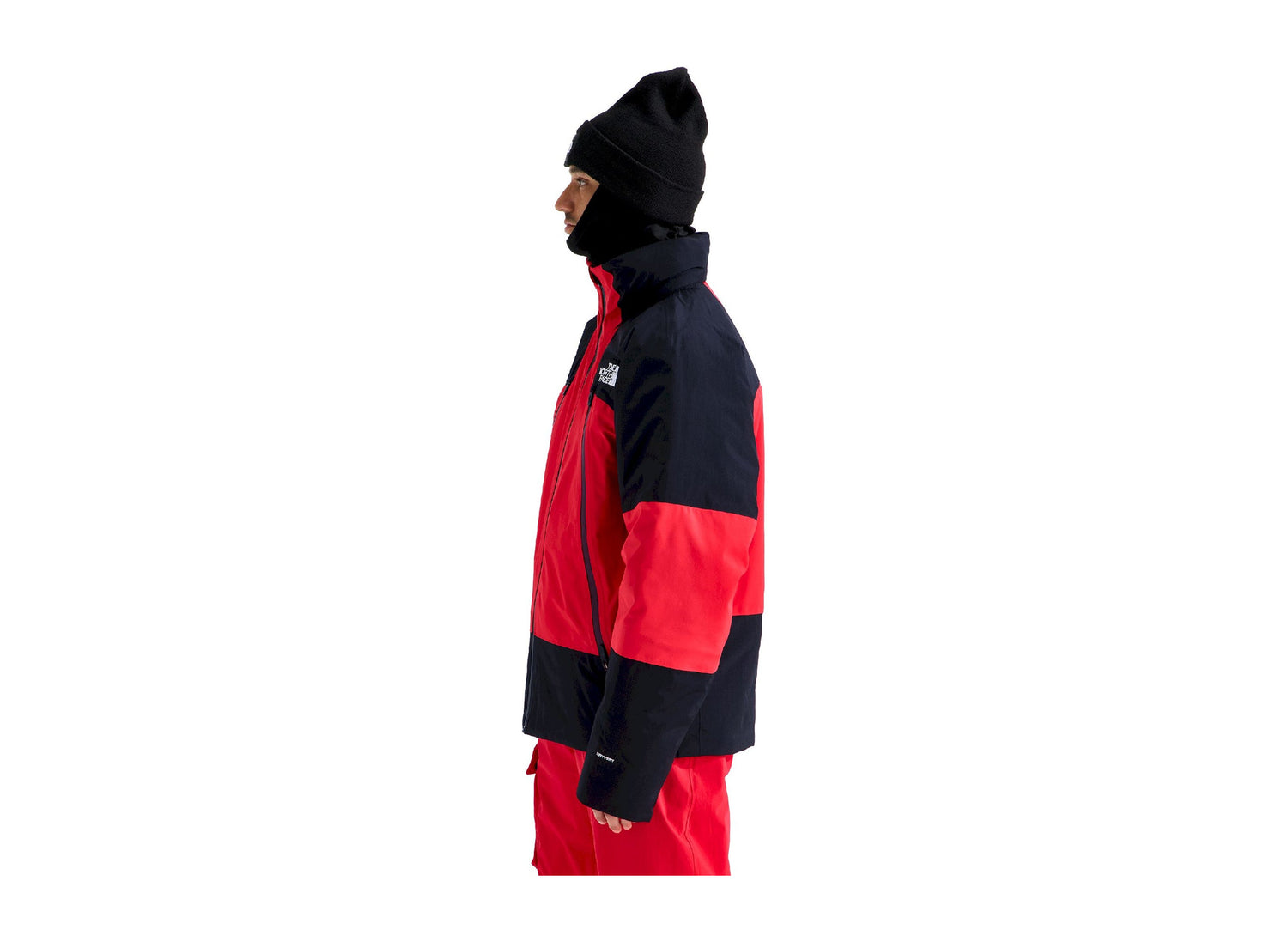 The North Face Snowsquall Jacket in Elevation Red / TNF Black, side view worn by a model