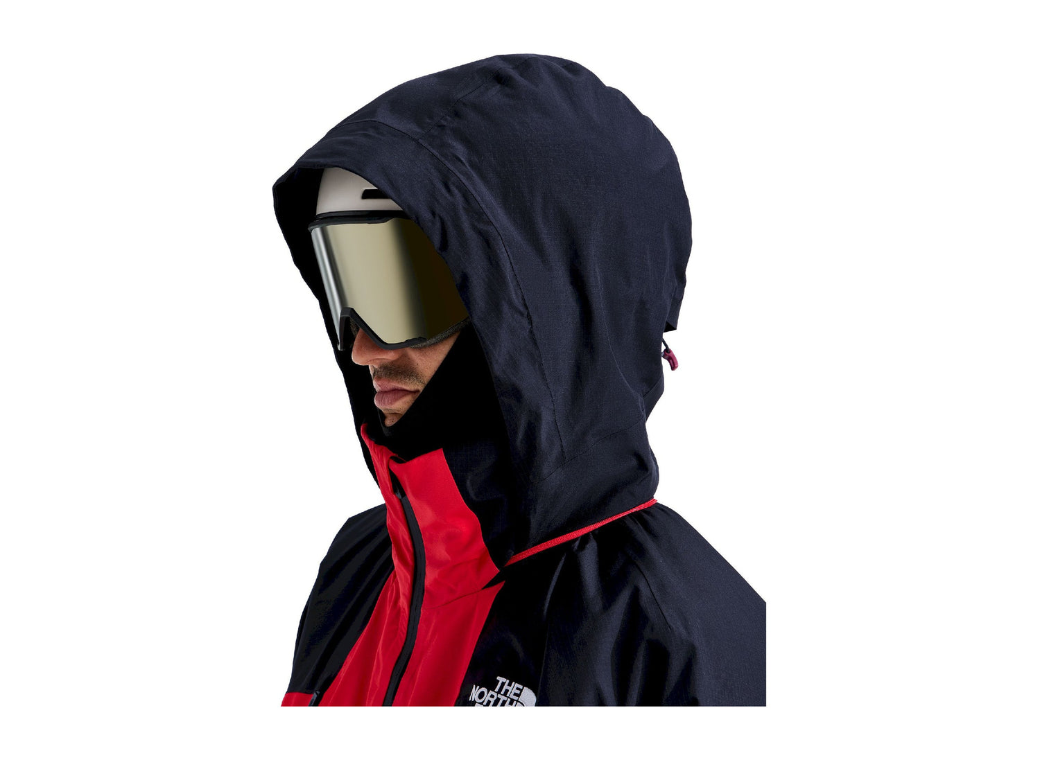 The North Face Snowsquall Jacket in Elevation Red / TNF Black, hood detail worn by a model