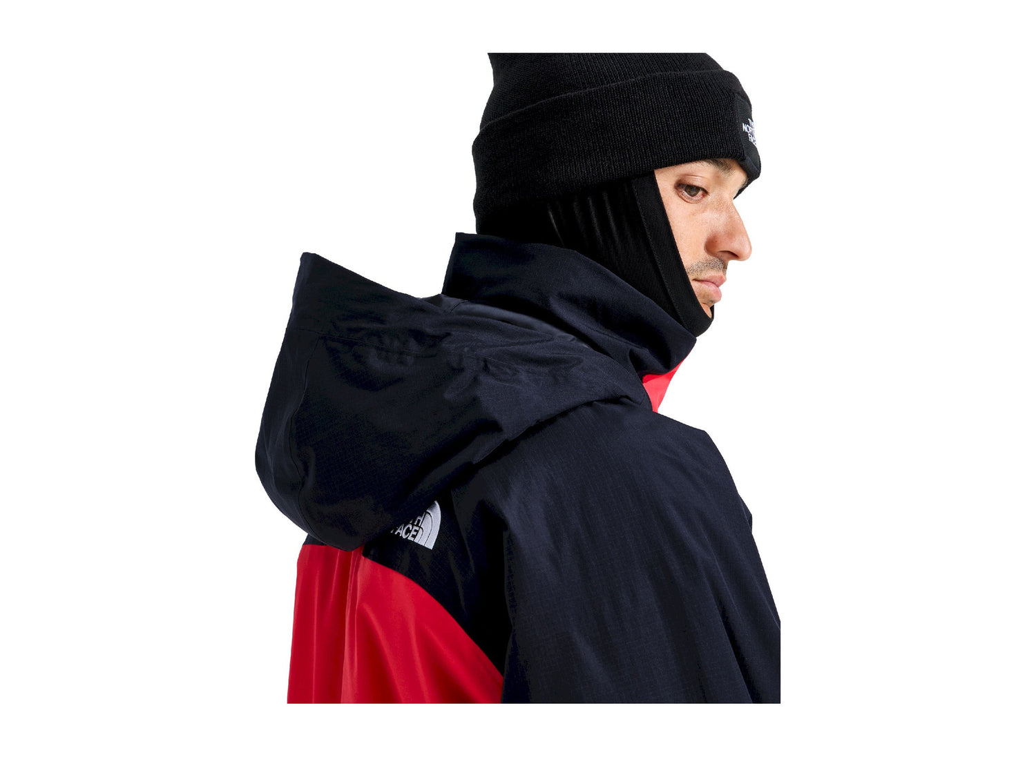 The North Face Snowsquall Jacket in Elevation Red / TNF Black, back hood detail