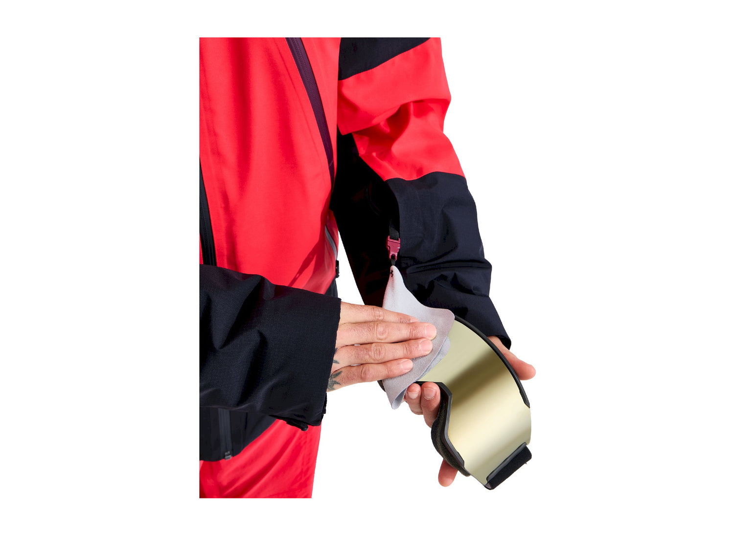 The North Face Snowsquall Jacket in Elevation Red / TNF Black, cuff detail worn by a model