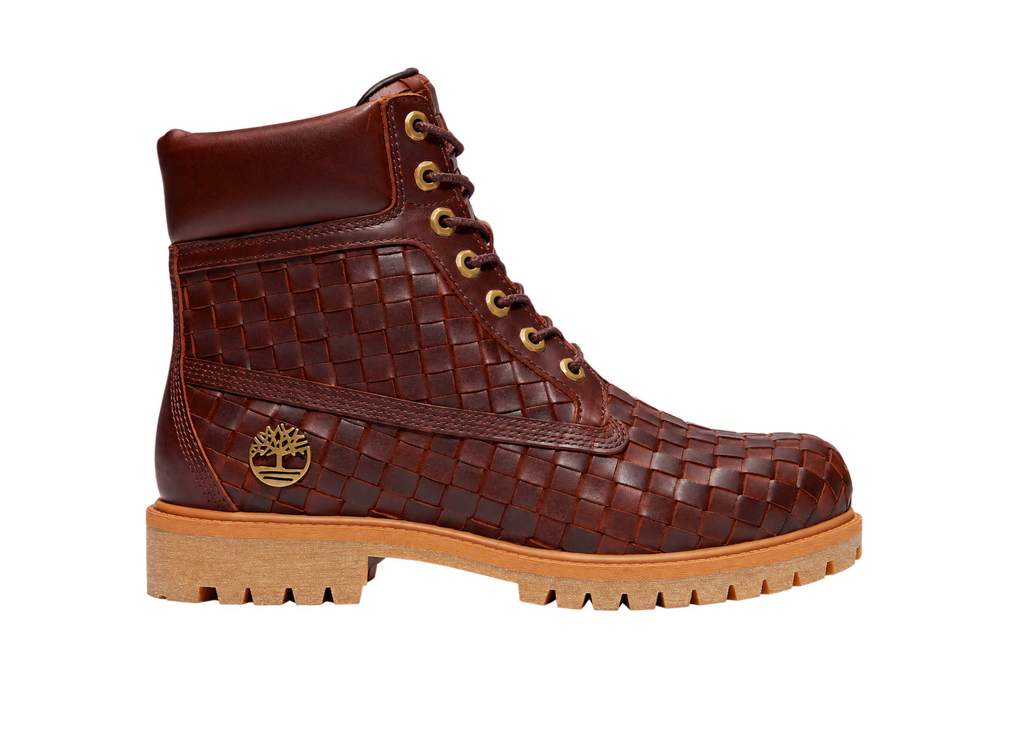 Timberland Premium 6-Inch Woven Boot in burgundy – right-facing side view