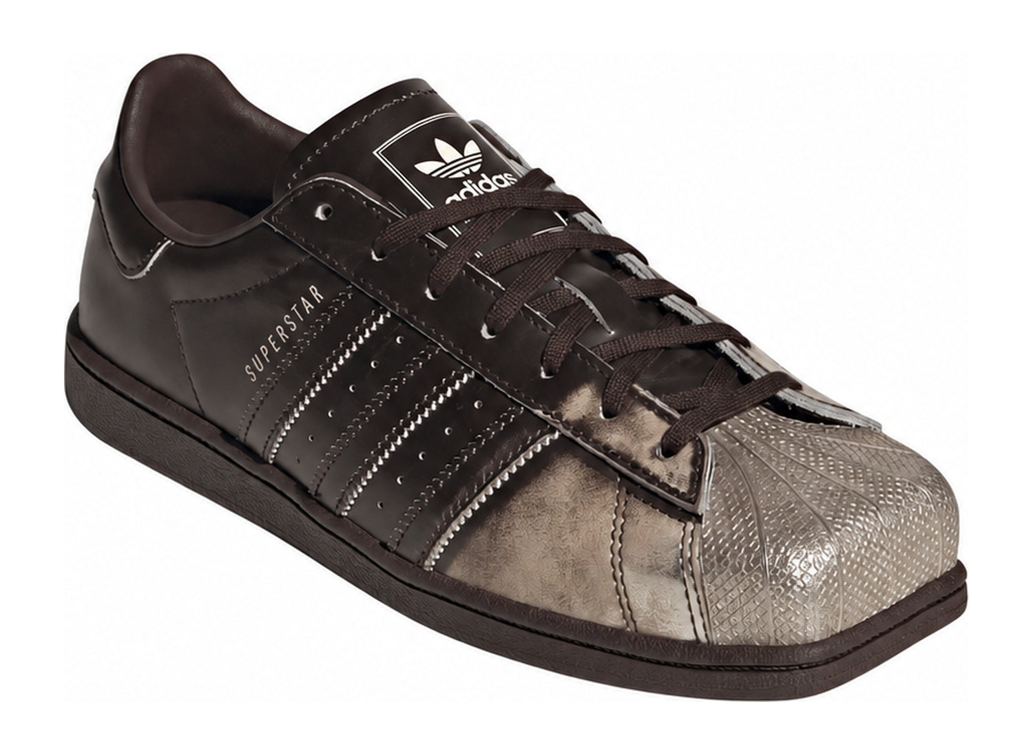 Women's Adidas Superstar SQ in Aurora Coffee / Silver Metallic / Cream White — three quarter view