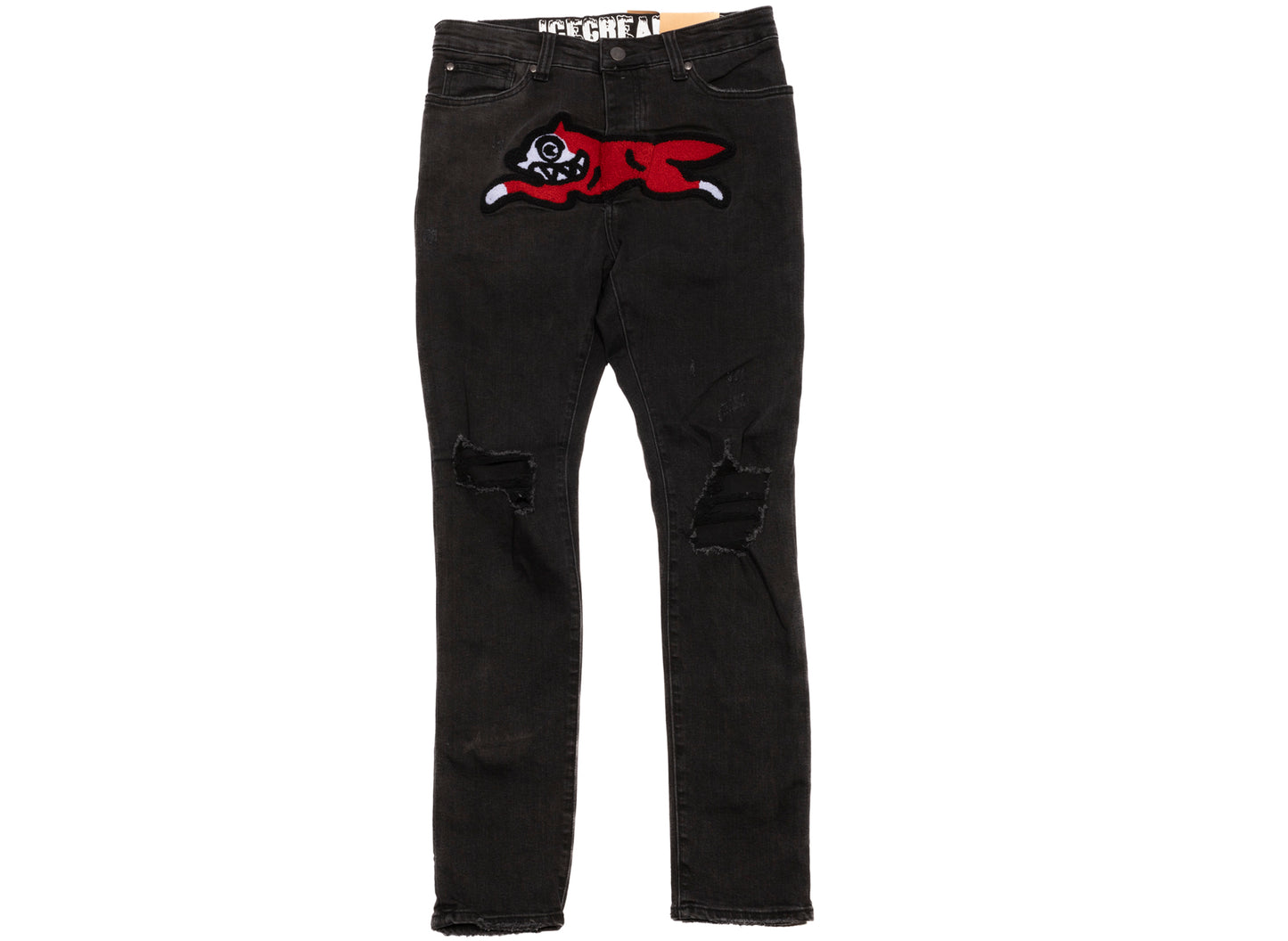 Eiscreme schwarze Jeans mit laufendem Hund