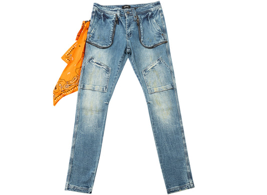 BLUECARATS Gianni Slim Fit Cargo Jeans in Oil Stained Indigo