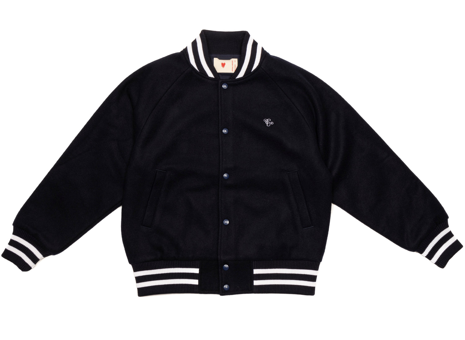 Emotionally Unavailable Melting Heart Varsity Jacket in Navy